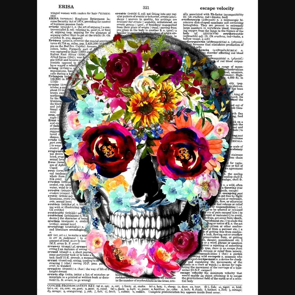Floral Sugar Skull Anatomy Dictionary Art Print